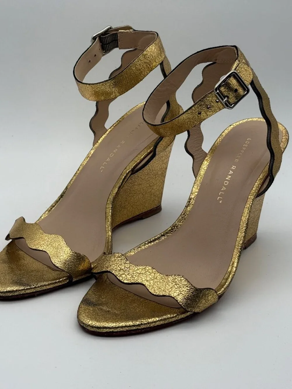 Loeffler Randall Piper Gold Metallic Scalloped Leather Wedge Sandals Size 8